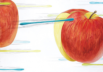 色彩構成「リンゴ、綿棒」をモチーフに「スピード」をテーマに色彩表現／B3サイズ