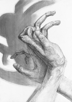 手のデッサン「両手と光」をテーマに構成／B3サイズ