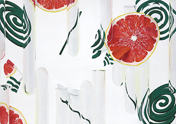 色彩構成「グレープフルーツ・蚊取り線香・試験管」をモチーフに「昆虫」をテーマに構成／B3サイズ