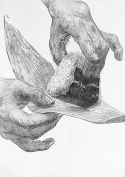 手のデッサン「両手とおにぎり」をテーマに構成／B3サイズ